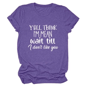 Detail of heathered purple fabric and funny slogan print on a casual round neck tee
