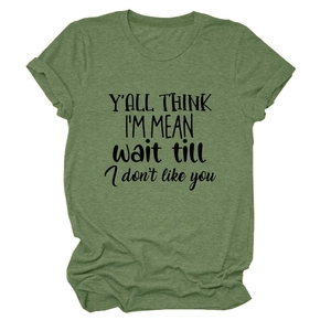 Army green t-shirt detailing the black slogan print and soft cotton fabric texture