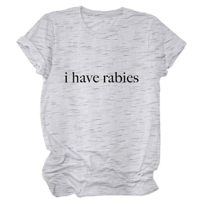 Vue à plat détaillée d'un t-shirt gris chiné avec impression noire i have rabies