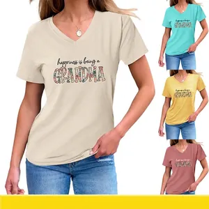 Women V Neck Short Sleeve T-Shirt Happiness Is Being A Grandma Letter Floral Print Knot Hem Casual Cotton Blend Summer Top