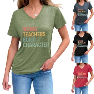 Damen Casual V-Ausschnitt Kurzarm T-Shirt Baumwollmischung Buchstaben Druck Lockere Passform Top Atmungsaktives Tee Für Den Alltag