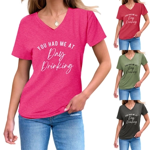 Detail view of women's V-neck T-shirt with 'YOU HAD ME AT DAY DRINKING' graphic print