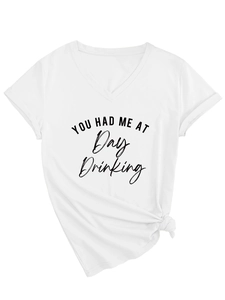 Detail of white V-neck T-shirt with Day Drinking print and knotted hem design