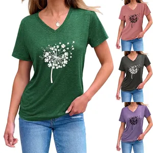T-Shirt da Donna Casual con Stampa Quadrifoglio e Soffione Lucky Scollo a V Manica Corta in Misto Cotone Top Estivo con Nodo