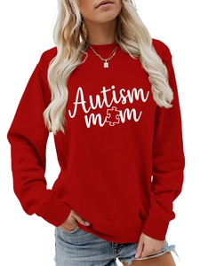 Detail of red Autism Mom sweatshirt showing high-quality print and ribbed cuffs
