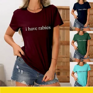 T-Shirt Femme En Mélange De Coton À Manches Courtes Col Rond Drôle I Have Rabies Slogan Graphique Haut Décontracté