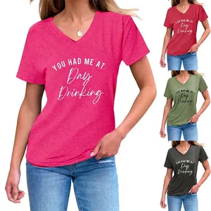 Women Casual Cotton Blend V Neck Short Sleeve T-Shirt Slogan Print Side Knot Hem Loose Fit Summer Daily Party Top