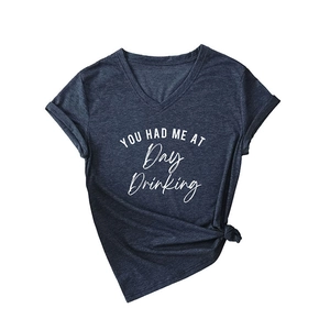 Women's V-neck dark blue cotton blend T-shirt with Day Drinking white print