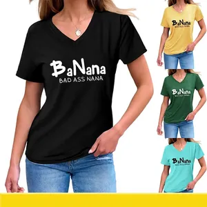 T-Shirt Décontracté à Col en V pour Femmes Manches Courtes Haut en Mélange de Coton avec Imprimé Slogan BaNana Graphic Tee