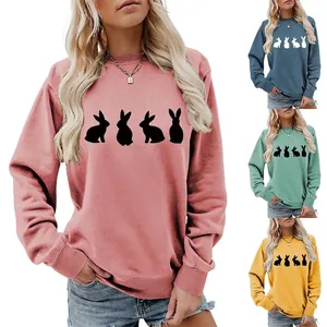 Women Sweatshirt Round Neck Long Sleeve Casual Rabbit Graphic Print Loose Fit Cotton Blend Pullover Top