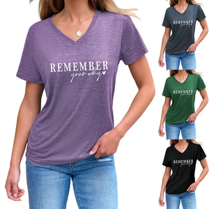 Detail of V-neck short sleeve t-shirts with Remember Your Why print in multiple colors