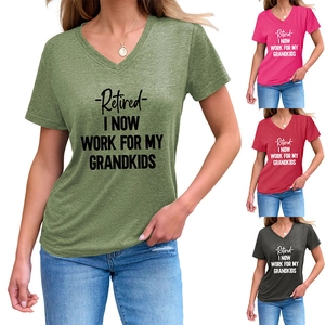 Close-up of Retired I Now Work For My Grandkids text print on a V-neck t-shirt