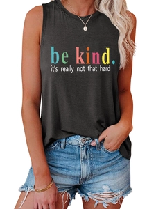 Detail of gray sleeveless tank top featuring colorful Be Kind text and slogan print