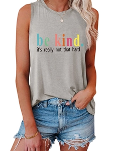 Detail of grey Be Kind slogan tank top paired with casual denim shorts on a model