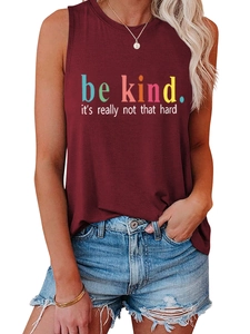 Detail of burgundy sleeveless tank top with be kind slogan print and casual denim shorts