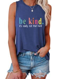 Detail of Be Kind slogan print on a casual sleeveless dark blue tank top for women