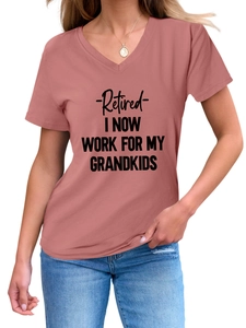 Close-up of Retired I Now Work For My Grandkids text on dusty rose V-neck T-shirt