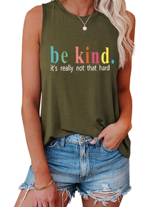 Detail of olive green Be Kind graphic tank top paired with distressed denim shorts