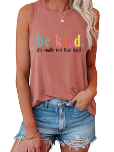 Detail of Be Kind slogan print on a brick red casual sleeveless knit tank top for women