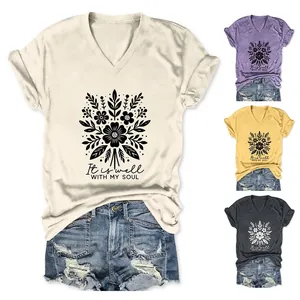 T-Shirt Femme Élégant Col en V Manches Courtes Mélange Coton Imprimé Floral It Is Well With My Soul Décontracté Été