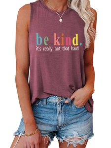 Detail of Be Kind slogan print on burgundy sleeveless crew neck cotton blend tank top