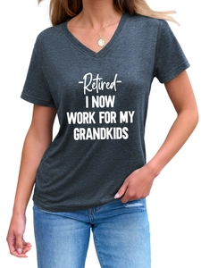 Close-up of Retired I Now Work For My Grandkids white text on grey v-neck t-shirt