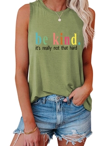 Close-up of be kind slogan print on olive green sleeveless cotton tank top for women