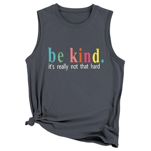 Detail of knot hem and 'be kind' slogan print on charcoal grey sleeveless tank top