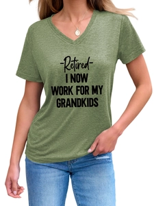 Close-up of V-neck cotton T-shirt featuring 'Retired I Now Work For My Grandkids' text