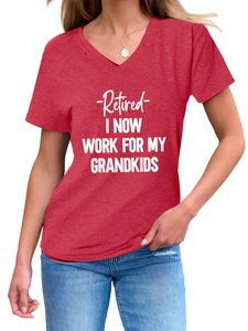 Detail of V-neck short sleeve tee with Retired I now work for my grandkids text