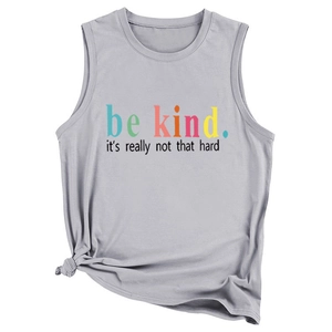 Detail of grey tank top with colorful Be Kind print and stylish side knot design