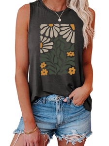 Detail of vintage yellow floral daisy print on dark grey sleeveless tank top for women