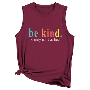 Detail of burgundy be kind graphic muscle tank top with side knot and soft fabric texture