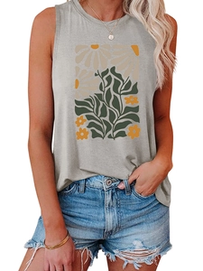 Detail of yellow flower print on grey sleeveless cotton vest with round neck design