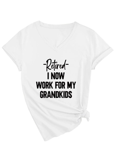 Detail of white V-neck T-shirt with black retirement print and stylish front knot hem