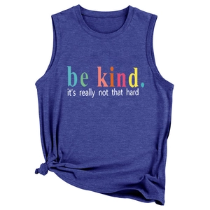 Detail of navy blue be kind slogan tank top with a stylish side knot design