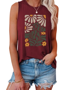 Detail of burgundy sleeveless top featuring artistic yellow floral print and crew neck design