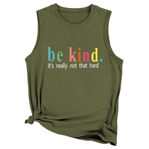 Detail of olive green Be Kind tank top with colorful text and stylish front hem knot