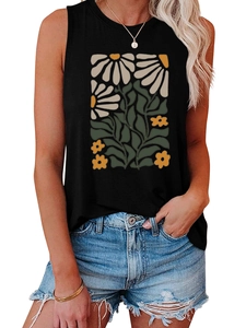 Detail of vintage yellow daisy print on a black sleeveless tank top with floral artwork