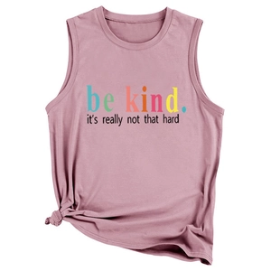 Detail of mauve sleeveless tank top featuring 'be kind' print and side knot design