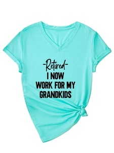 Detail of V-neck turquoise t-shirt featuring black Retired printed text and front hem knot