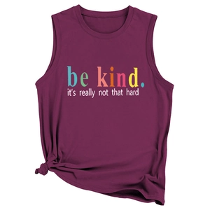 Detail of burgundy Be Kind graphic tank top featuring a stylish knotted hem and soft fabric