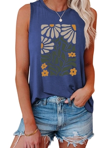 Close-up of vintage yellow flower pattern and retro botanical print on a navy tank top