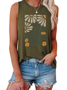 Detail of vintage yellow floral print on olive green sleeveless vest for women