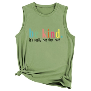 Detail of fruit green sleeveless top featuring a be kind slogan and chic side knot design