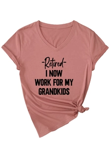 Detail of V-neck T-shirt in dusty pink featuring a side knot and grandkids slogan print