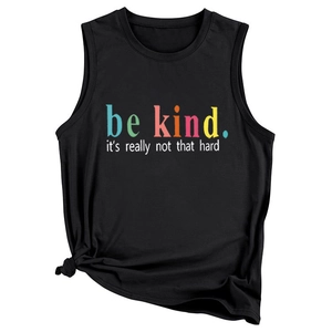 Women's black sleeveless muscle tank with Be Kind slogan and side knot detail