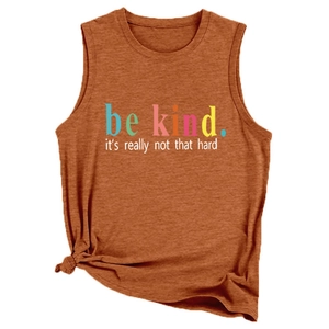 Detail of brown muscle tank top with be kind slogan and side knot hem decoration