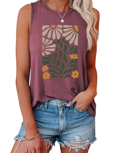 Detailed view of vintage rose sleeveless top featuring floral daisy print and relaxed fit