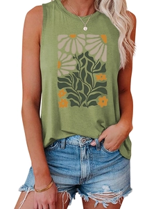 Close-up of olive green vintage floral print on loose sleeveless tank top for women